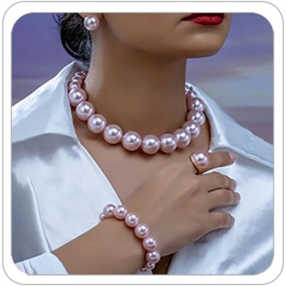 Faux Pearl Jewelry Set for Women Necklace Earrings Bracelet Ring Formal Wedding - Picture 1 of 7